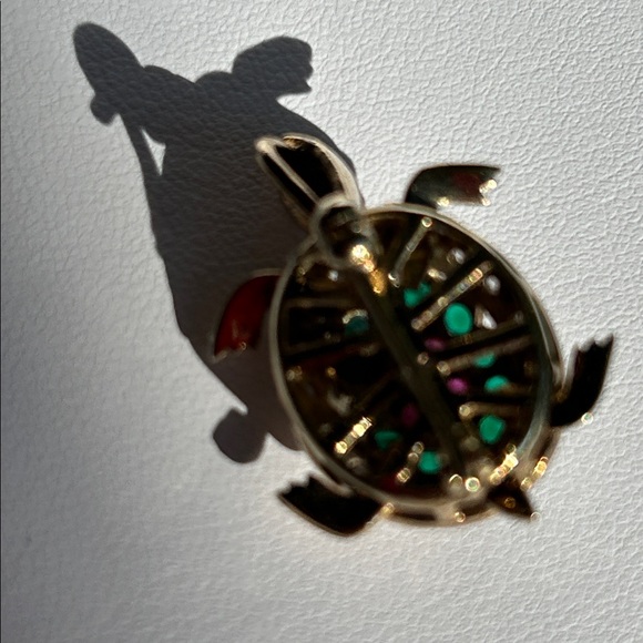 Gold Sterling Silver Ruby Emeralds Turtle Brooch Pendant - Picture 7 of 8